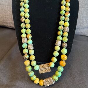 Artisan Green Turquoise & Silver Double Strand Large Graduated Beads Necklace